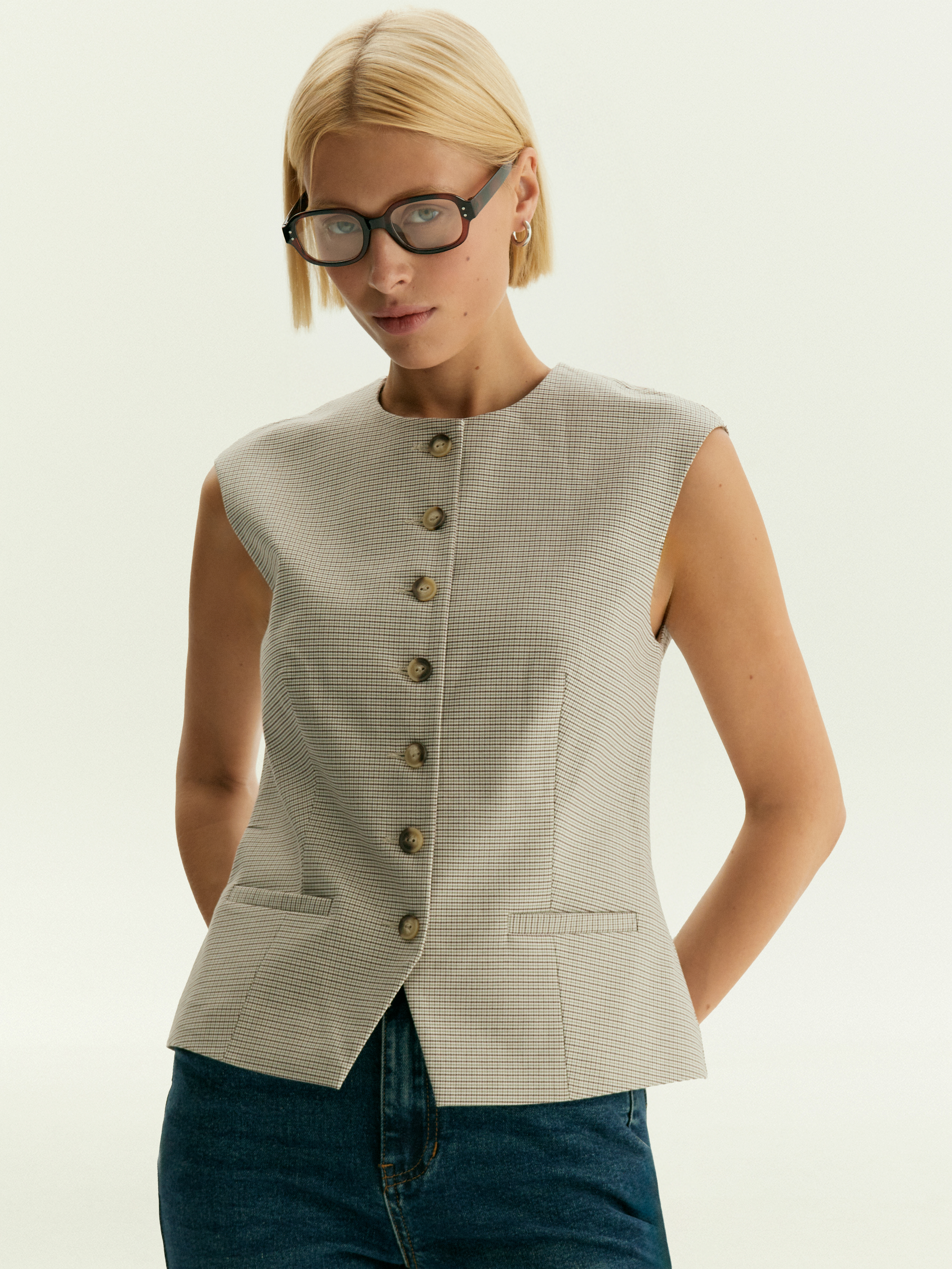 Однобортный жилет с принтом гусиная лапка 5590₽