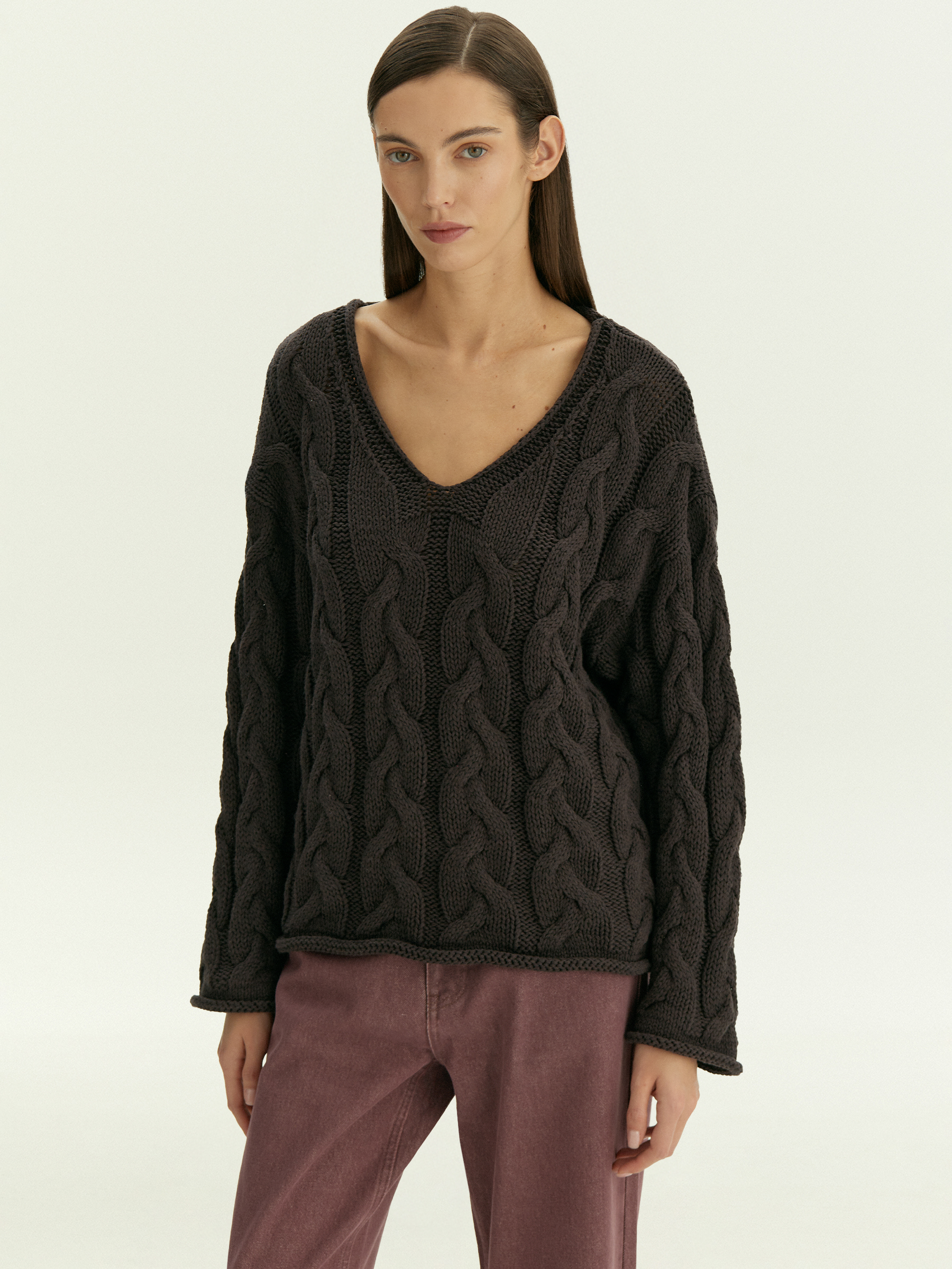 Джемпер с узорной вязкой из смесового хлопка 6490₽